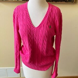 Size large pink/fuchsia Ralph Lauren cotton cable knit Vneck sweater.